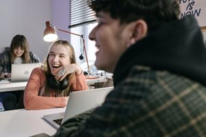 man people woman desk